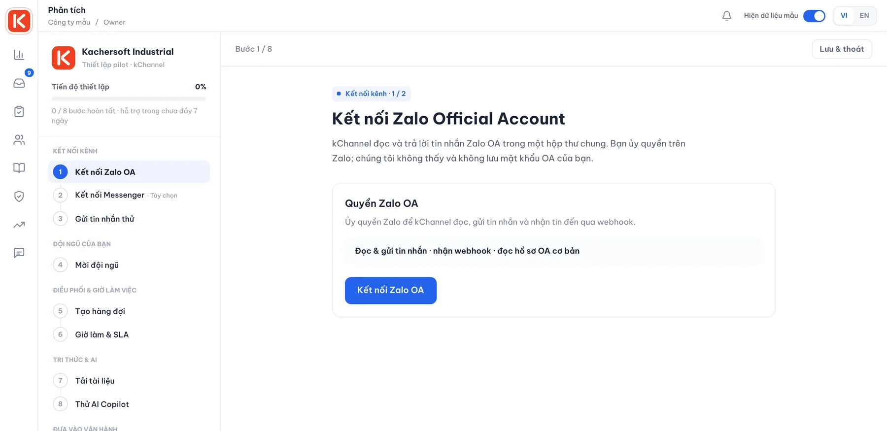 The kChannel setup wizard on the Connect Zalo OA step