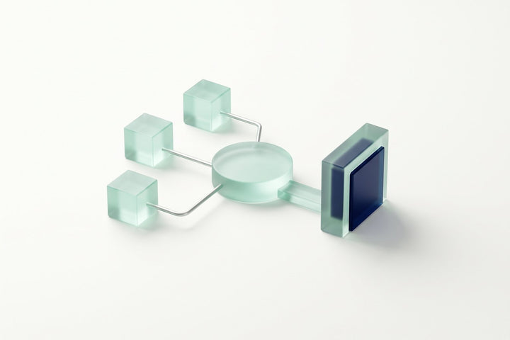 Three frosted glass cubes feeding one glass hub, with a single path to a navy checkpoint
