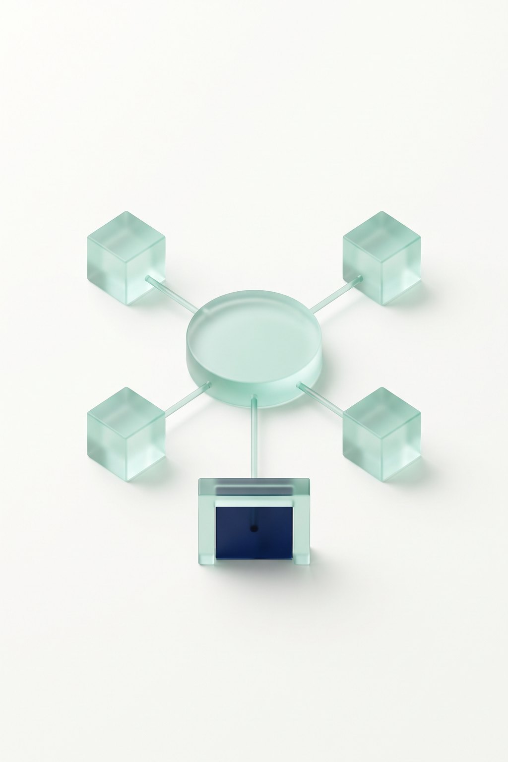 Four frosted mint glass cubes linked to one glass hub that leads to a navy checkpoint block