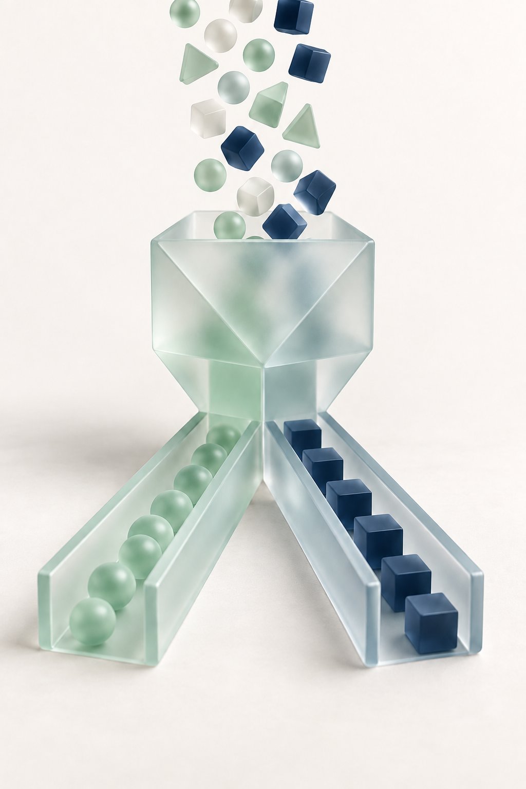 Frosted glass funnel sorting mixed shapes into two lanes of spheres and navy cubes