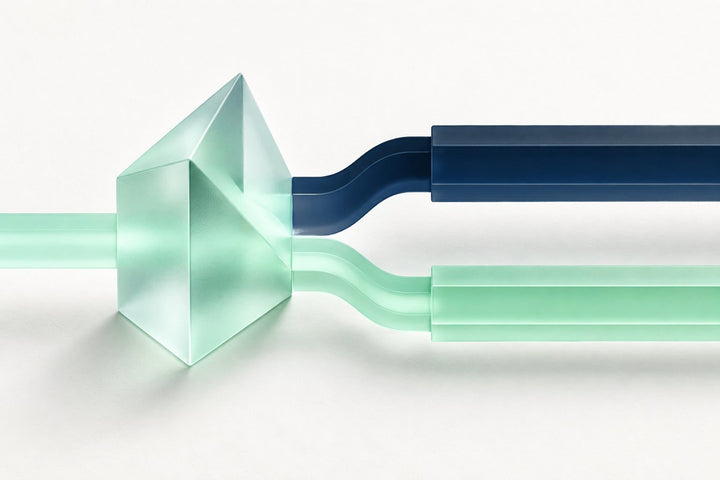 A frosted glass prism splitting one stream into a mint lane and a deep navy lane