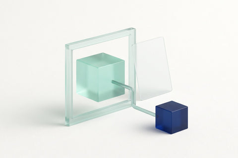 A mint glass cube inside a glass frame, a blank glass card, and a line to a navy approval block