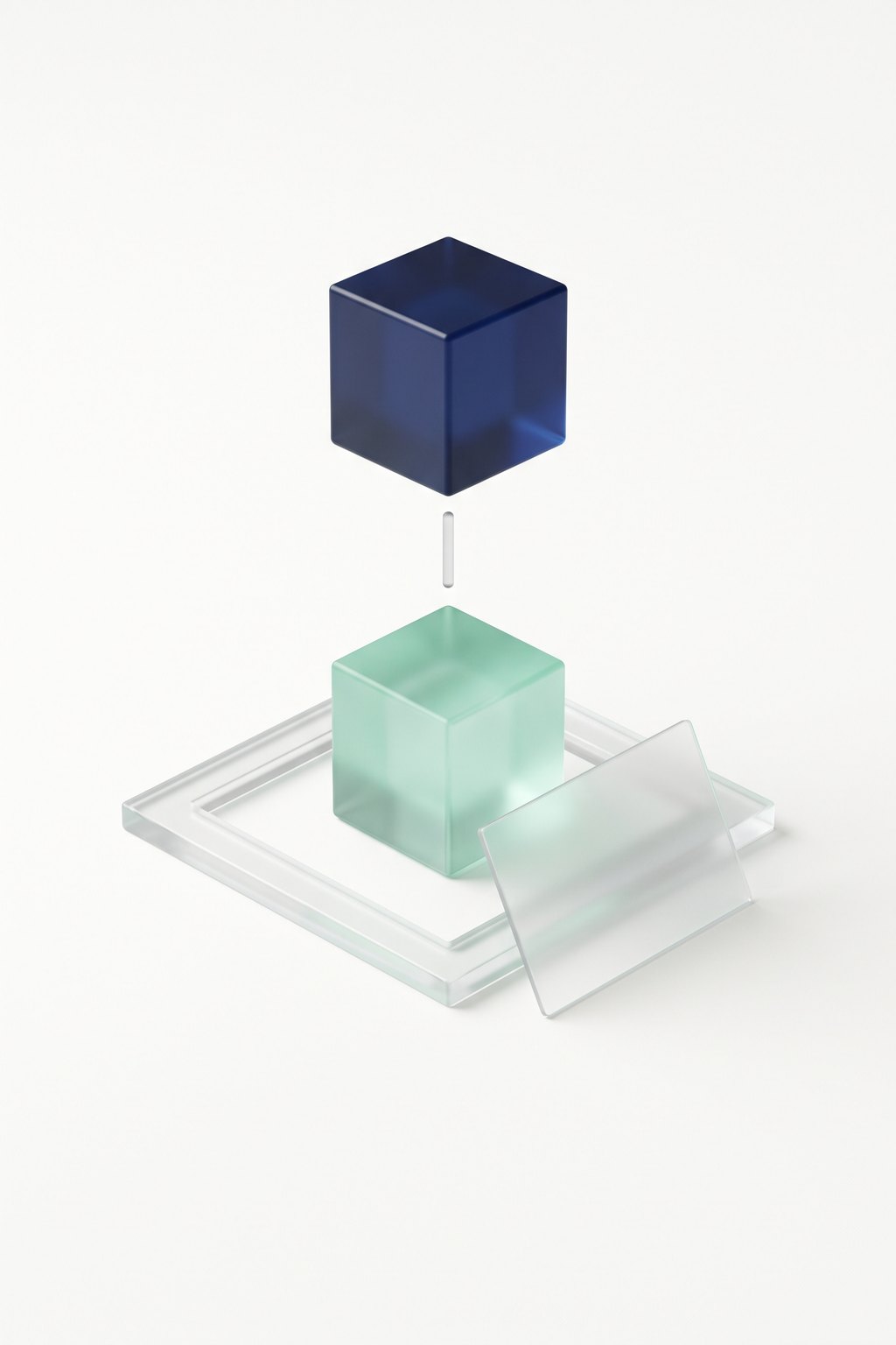 A mint glass cube inside a flat glass frame with a blank glass card, linked up to a navy approval block