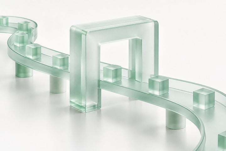 Frosted mint glass track carrying small cubes through a gate