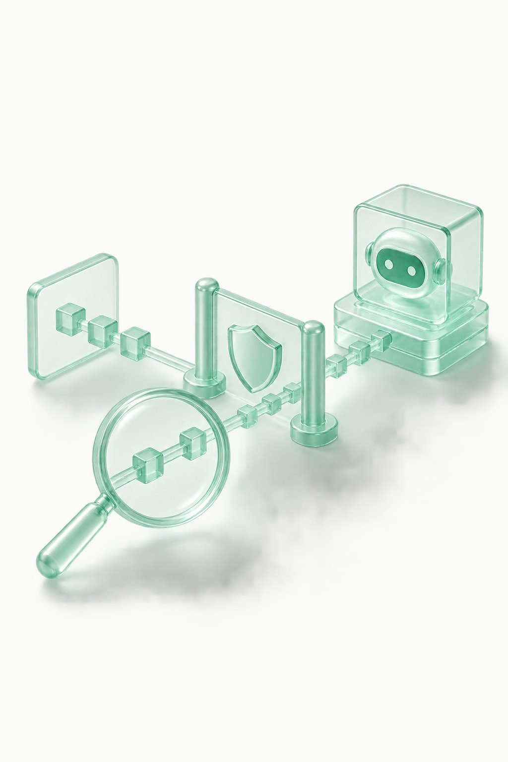 Frosted mint glass pipeline passing through a shield checkpoint, with a magnifier over the trace