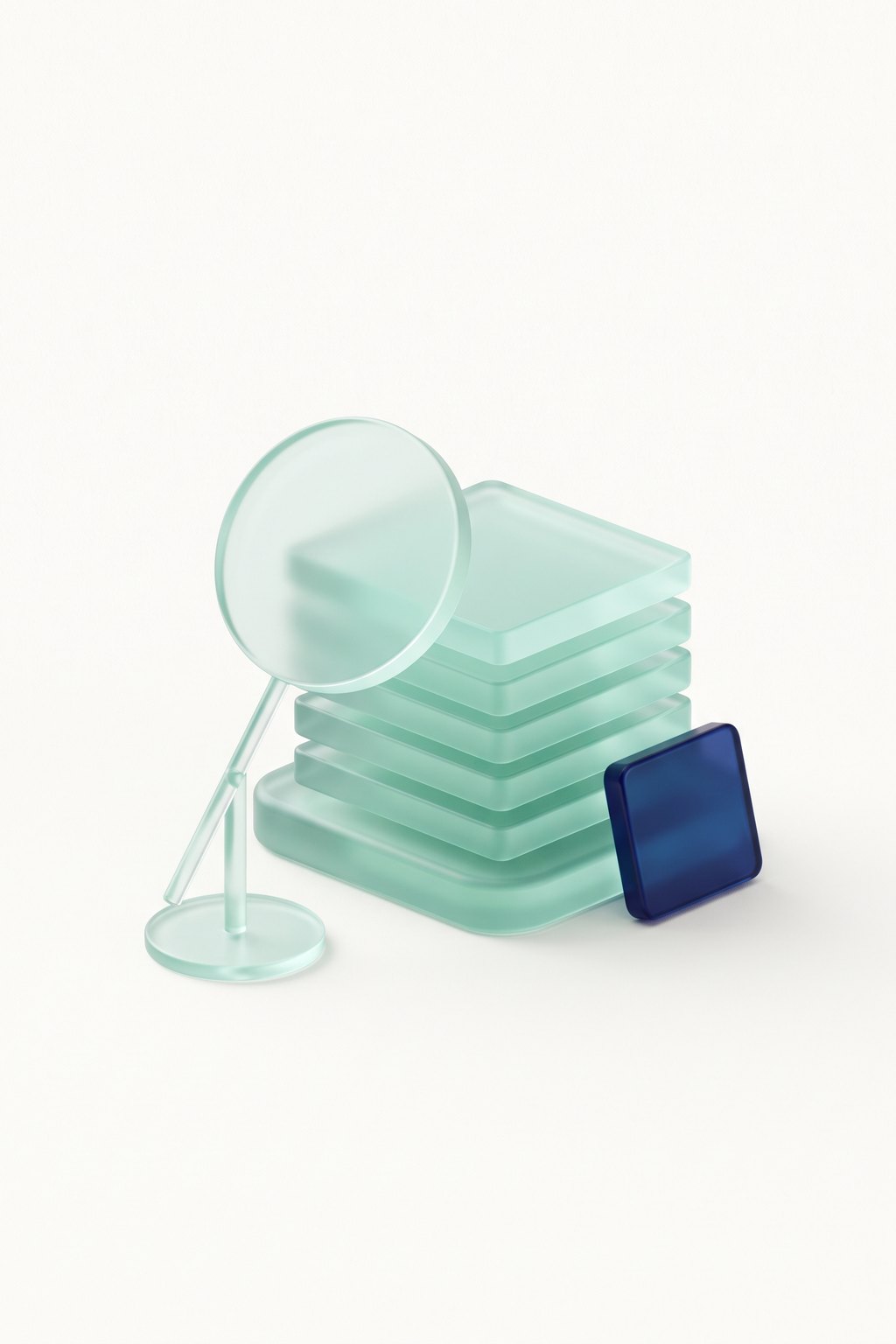 A frosted glass magnifying lens examining a stack of mint glass slabs, with a navy sign-off tile beside it