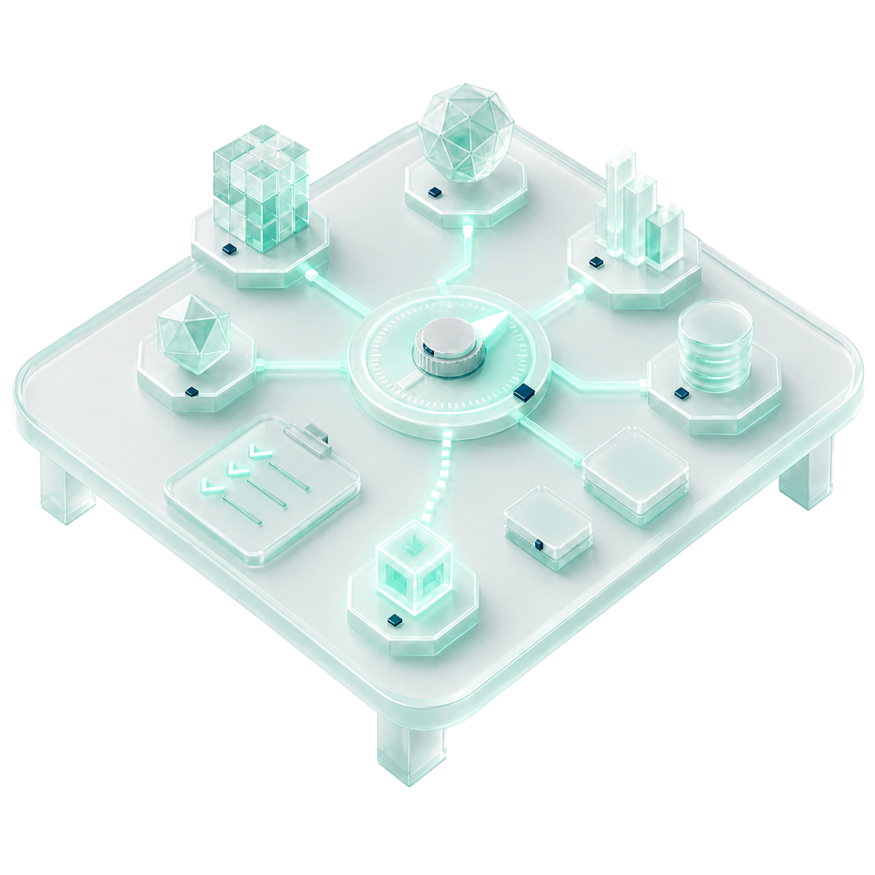 An isometric mint-glass control panel with connected nodes — an AI system mapped across the stack.