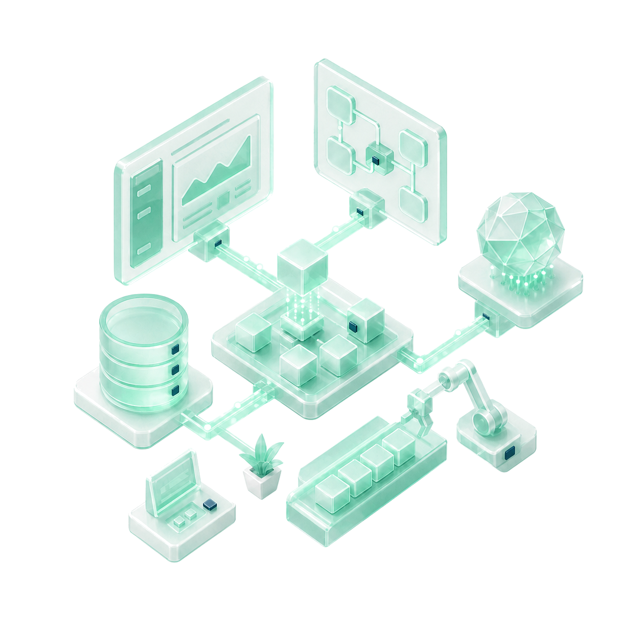 An isometric mint-glass scene of app windows and blocks assembling into a custom application.