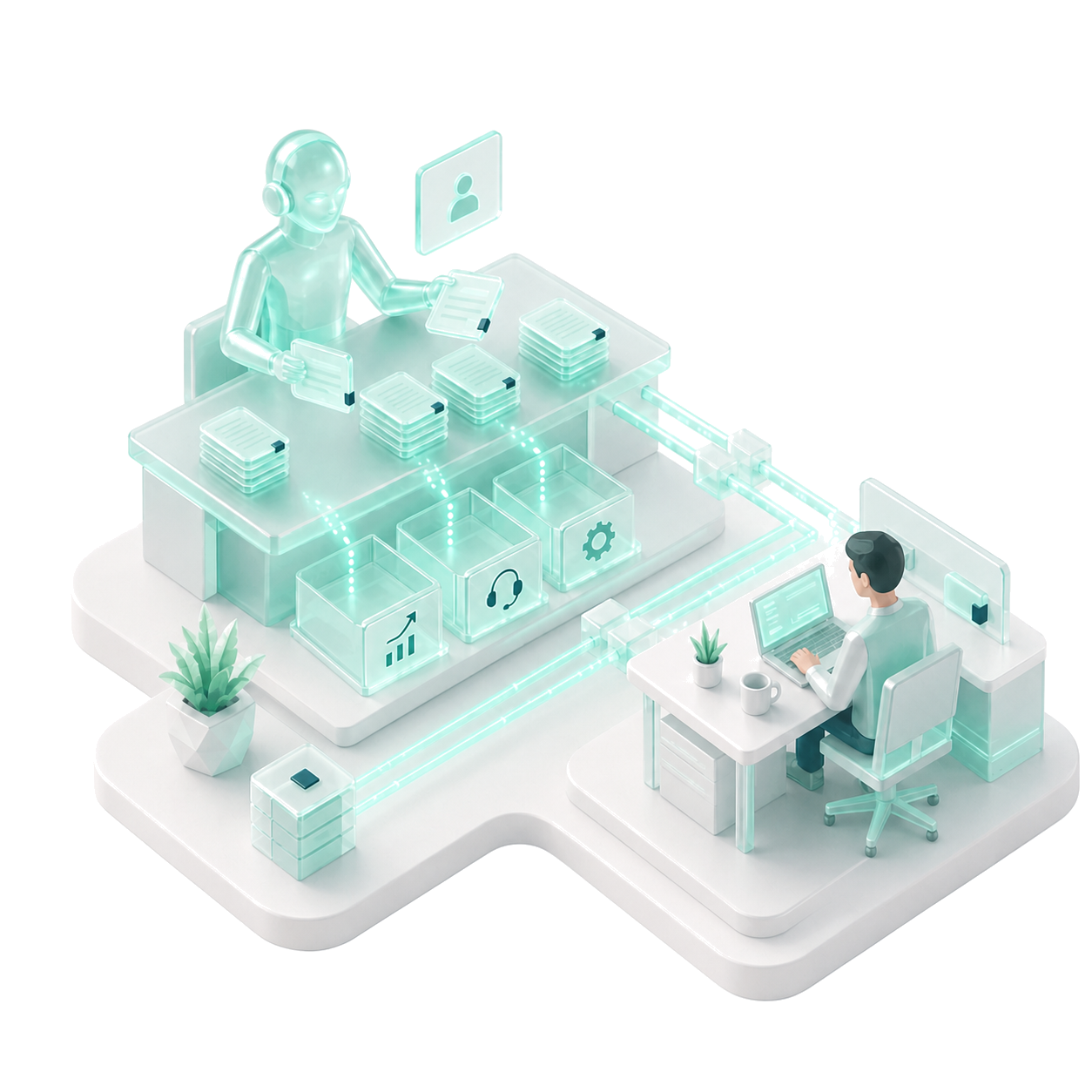 An isometric mint-glass workspace — a teammate at a desk surrounded by screens, chat windows and tools.