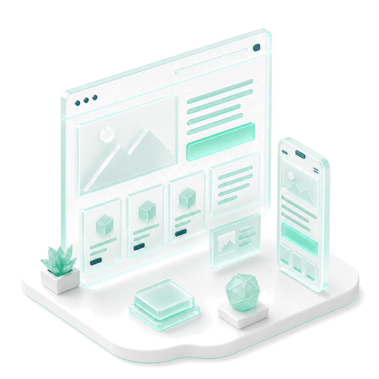 An isometric mint-glass web studio — browser windows, charts and devices arranged on a workbench.