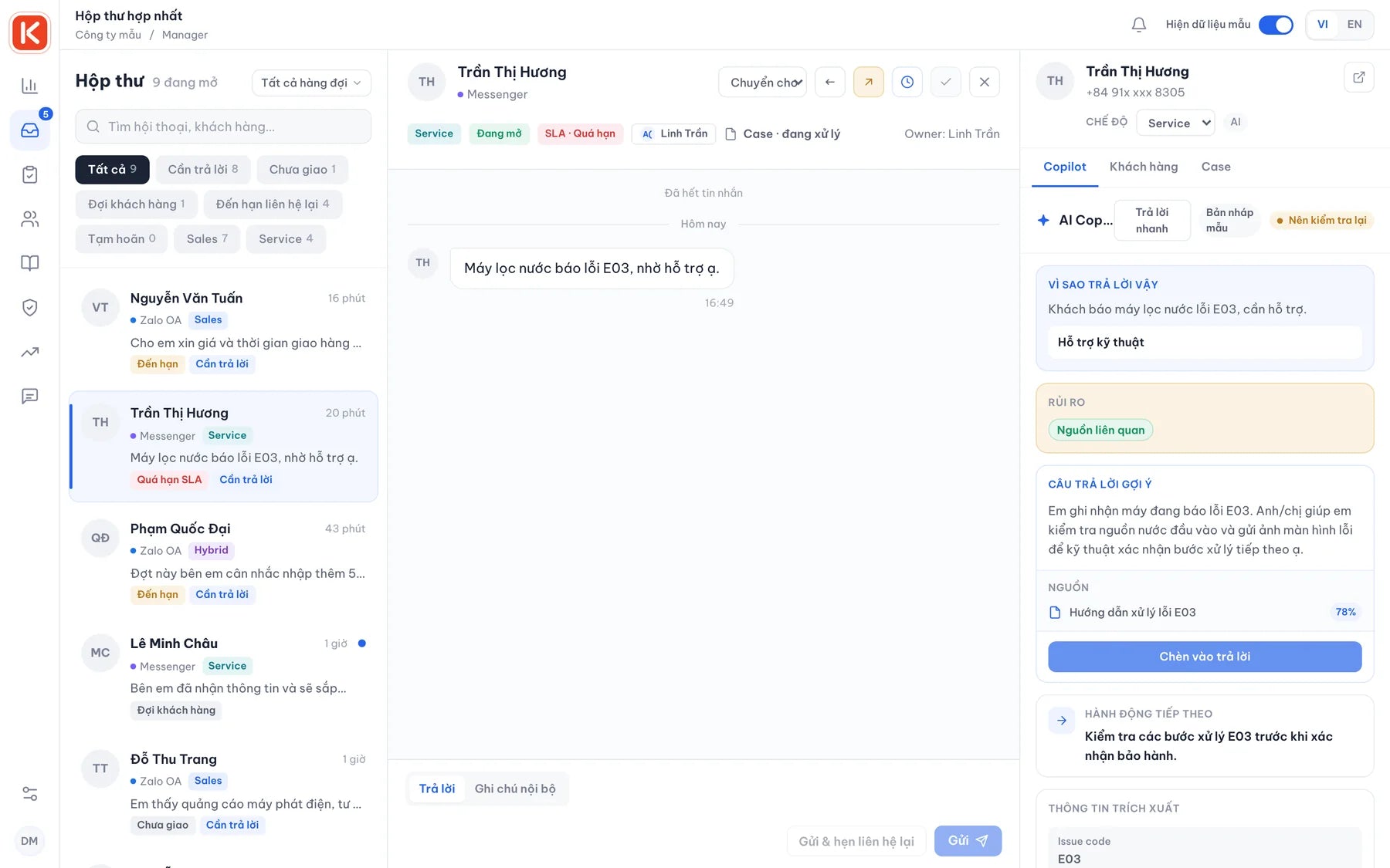 The kChannel inbox with a customer chat and the AI Copilot panel: why this reply, risk, suggested reply and its source