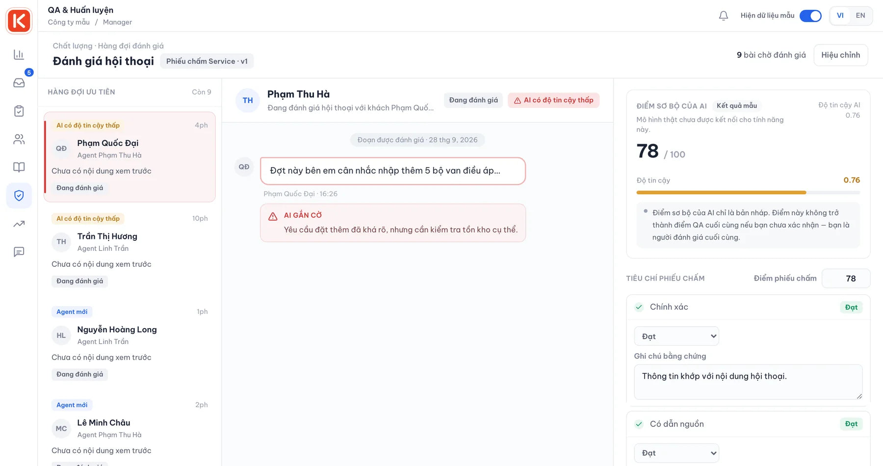 Conversation review in kChannel: a flagged reply, the AI pre-score and the scorecard the manager confirms