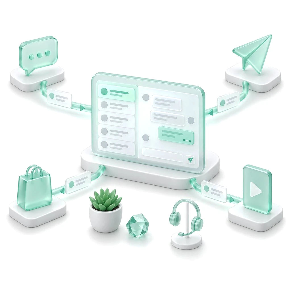 Glass illustration of a shared inbox with chat, messenger, marketplace and video channels flowing into it